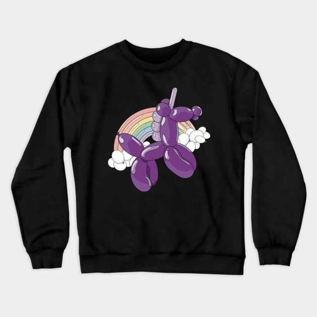 A light and dark purple unicorn balloon with a ballon rainbow and balloon clouds behind it. Crewneck Sweatshirt by Fruit Tee